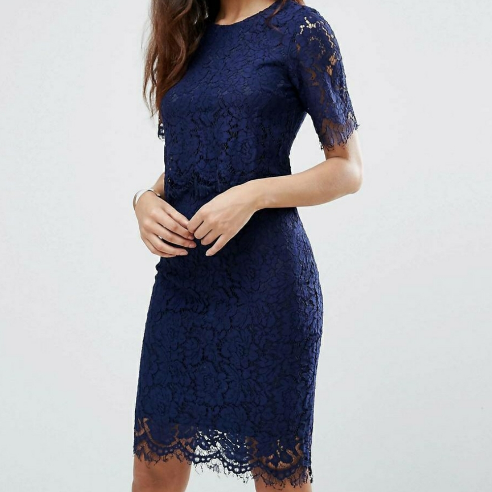 Lace Detail Overlay Midi Scallop Dress